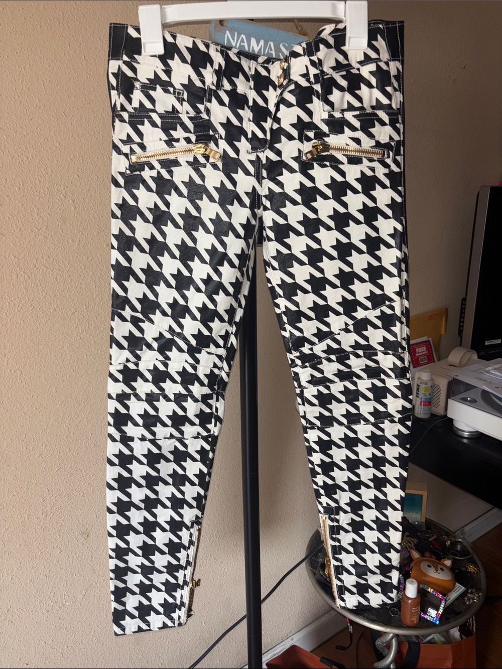 BALMAIN Black & White Houndstooth Skinny Jeans with Gold Zippers